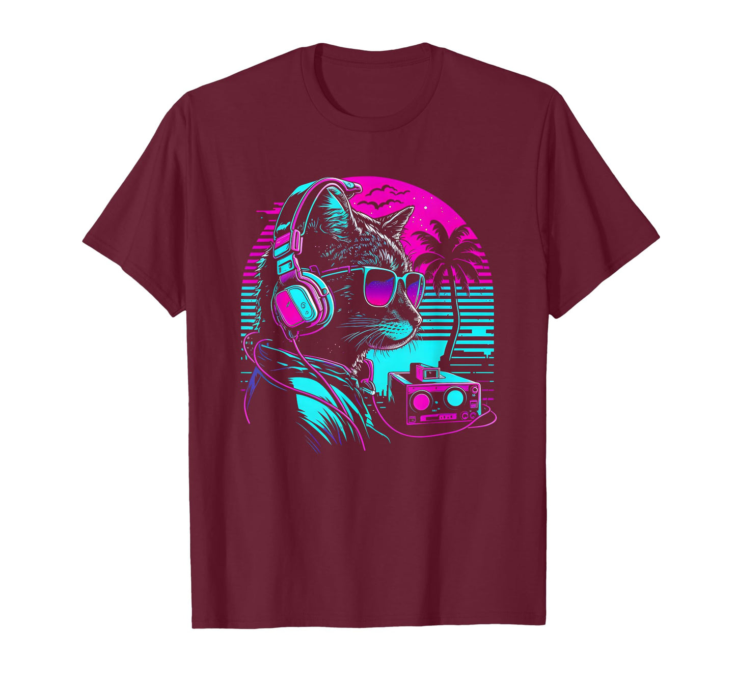 House DJ Cat 80s 90s Kitten Sunset Rainbow DJ Cat Kitty T-Shirt