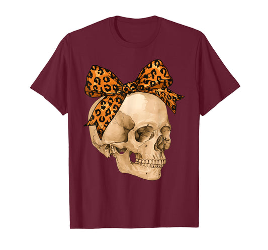 Halloween Skull Leopard Coquette Bow Skeleton Girl Women T-Shirt