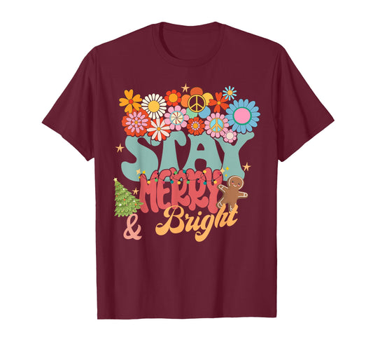 Retro Groovy Peace Stay Christmas Merry Bright Hippie Santa T-Shirt