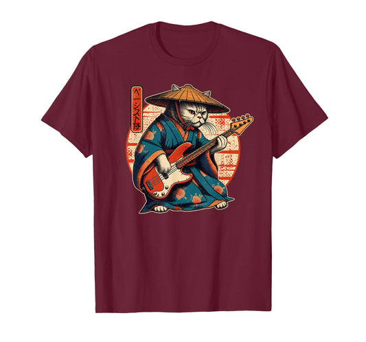 Japanese Samurai Cat Playing The Bass Men Women Girls Kids T-Shirt