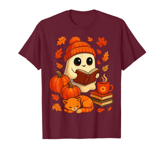 Ghost Reading Book Lovers Autumn Fall Halloween T-Shirt