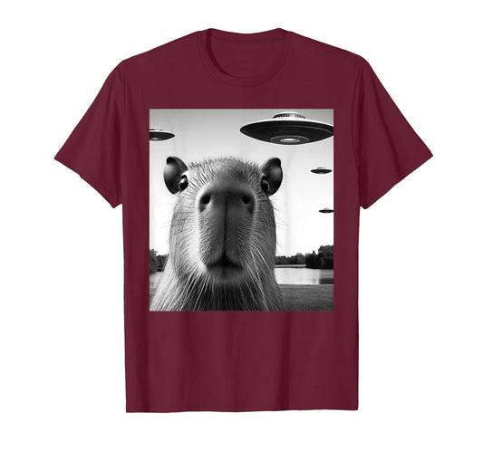 Funny Capybara Selfie with UFOs Weird Graphic T-Shirt