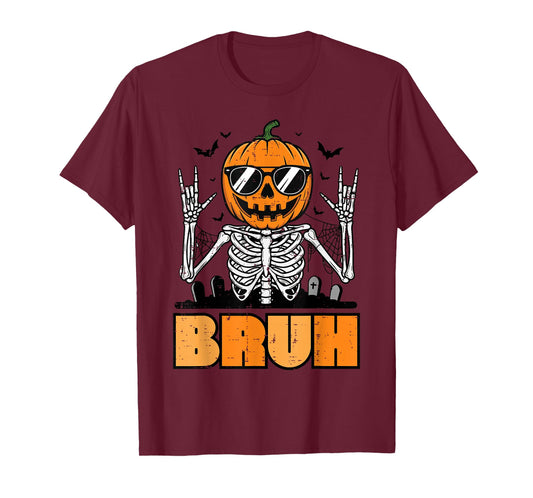 Halloween Skeleton Pumpkin Rock Bruh Costume Men Boys Kids T-Shirt