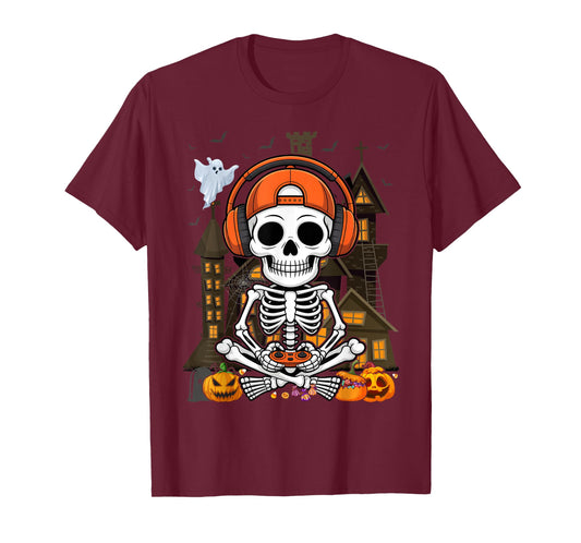 Skeleton Halloween Video Gamer Kids Boys Teens Men T-Shirt