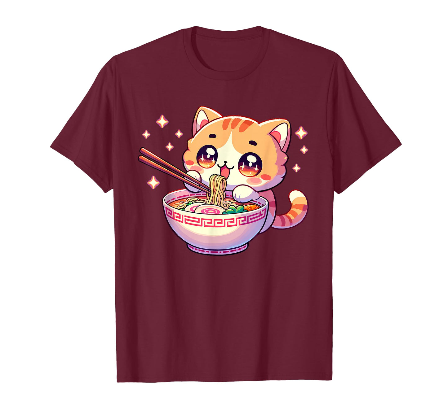 Japanese Kawaii Kitten Anime Cat Eating Ramen Women Girls Tees T-Shirt