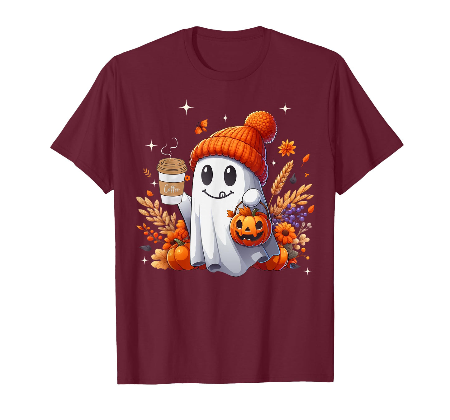 Men Women Autumn Cute Ghost Drinking Coffee Spooky Halloween T-Shirt