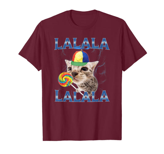 Silly Lalala Cat Meme with Propeller Hat and Candy T-Shirt