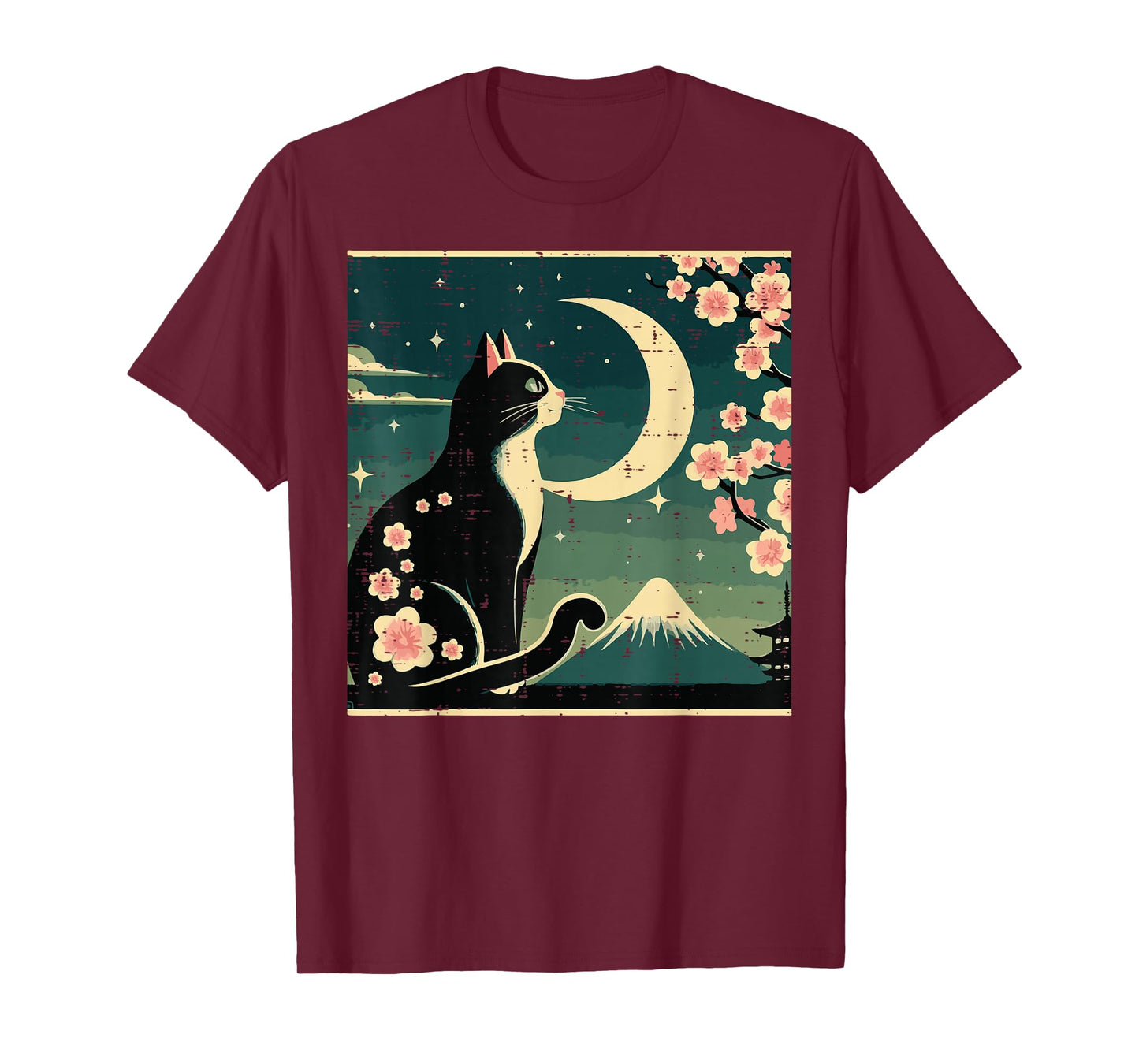 Japanese Tuxedo Cat Moon Sakura Vintage Art Women Girls Kids T-Shirt
