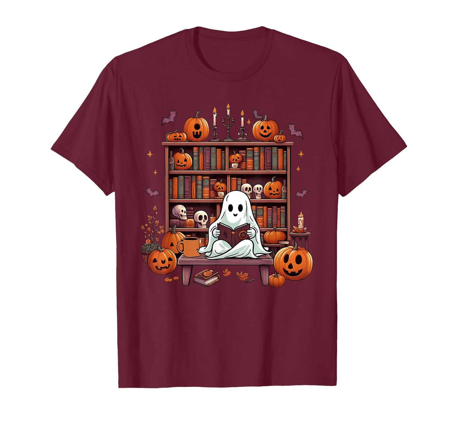 Funny Ghost Book Reading Books Lover Teacher Happy Halloween T-Shirt