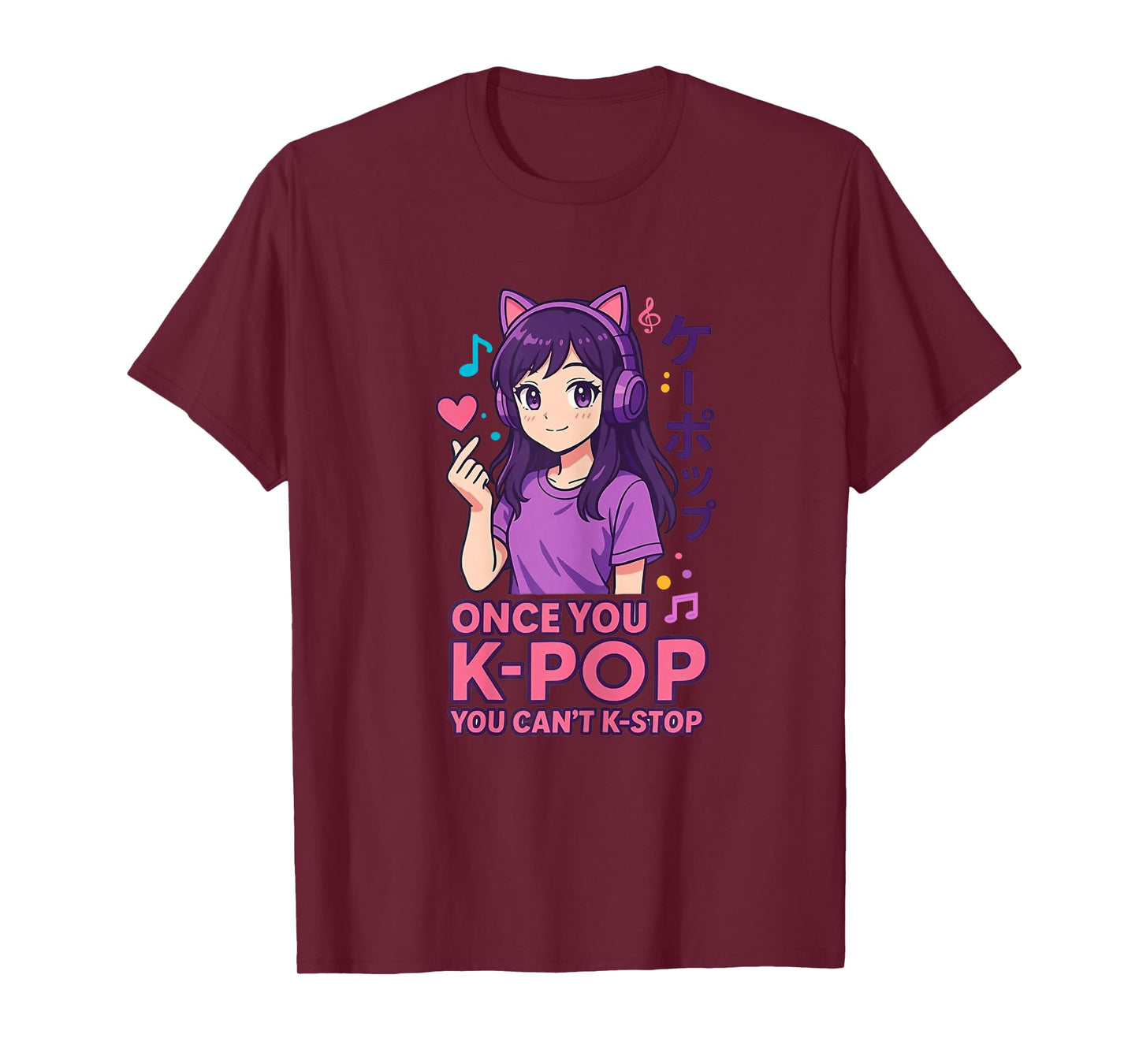 Cute Kawaii Girl with Cat Headphones Kpop Music Fans T-Shirt