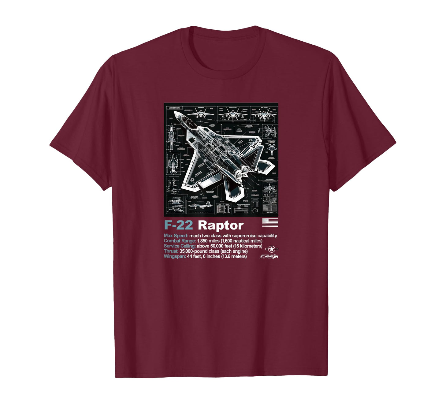F22 Raptor Fighter Jet Blueprint Technical Drawing & Specs T-Shirt
