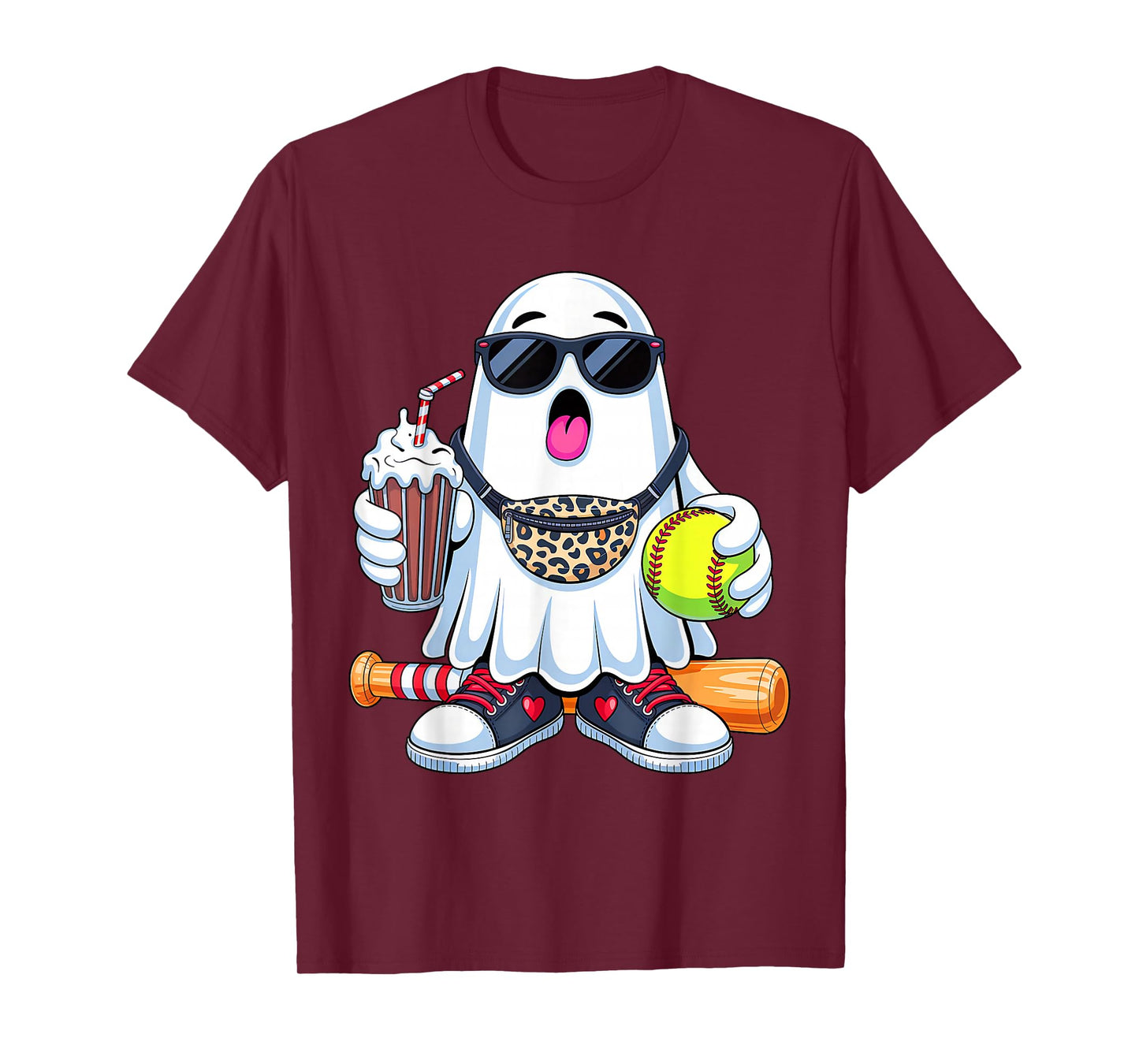 Funny Ghost Softball Boo Coffee Halloween Mens Womens Kids T-Shirt