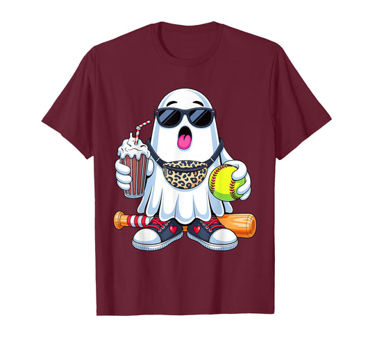 Funny Ghost Softball Boo Coffee Halloween Mens Womens Kids T-Shirt
