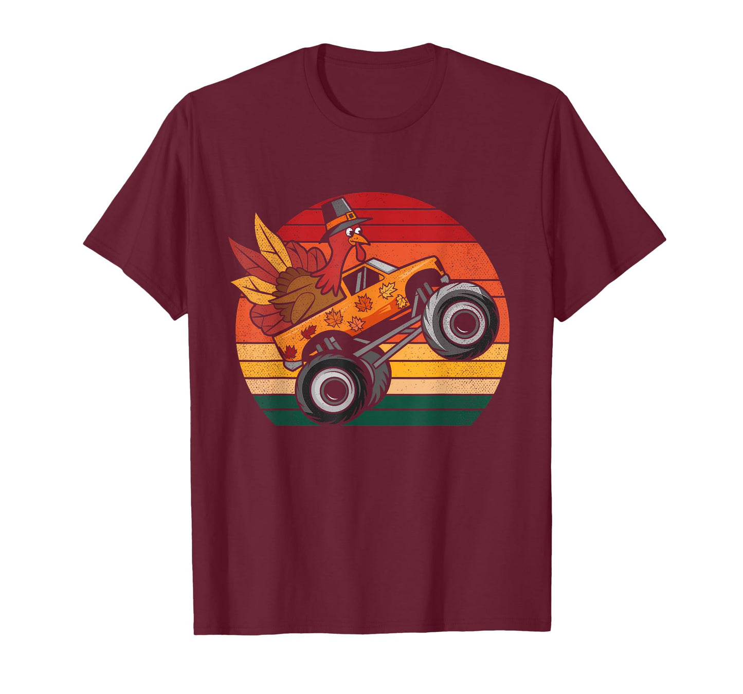 Kids Monster Truck Turkey Sunset Retro Thanksgiving Boy Kid T-Shirt