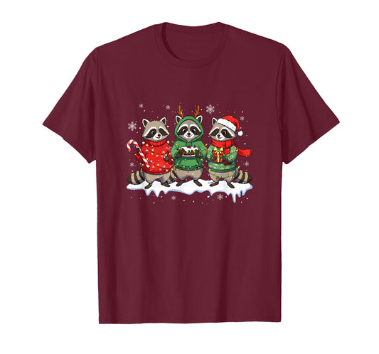 Three Santa Reindeer Raccoons Eating Xmas Cake Candy Canes T-Shirt