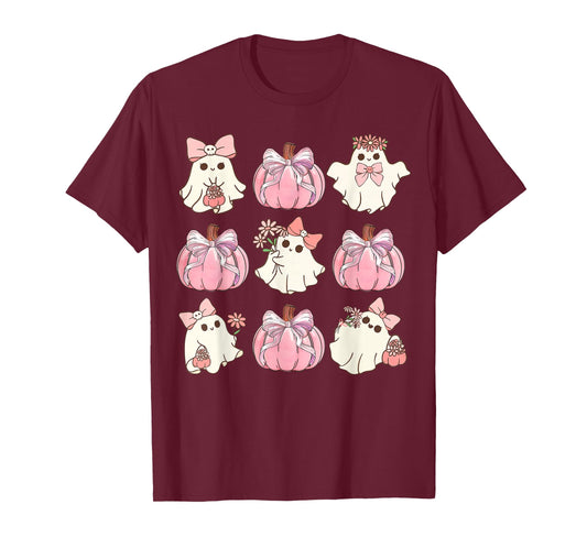 Preppy Coquette Floral Halloween Ghost Boo Cute Pink Pumpkin T-Shirt