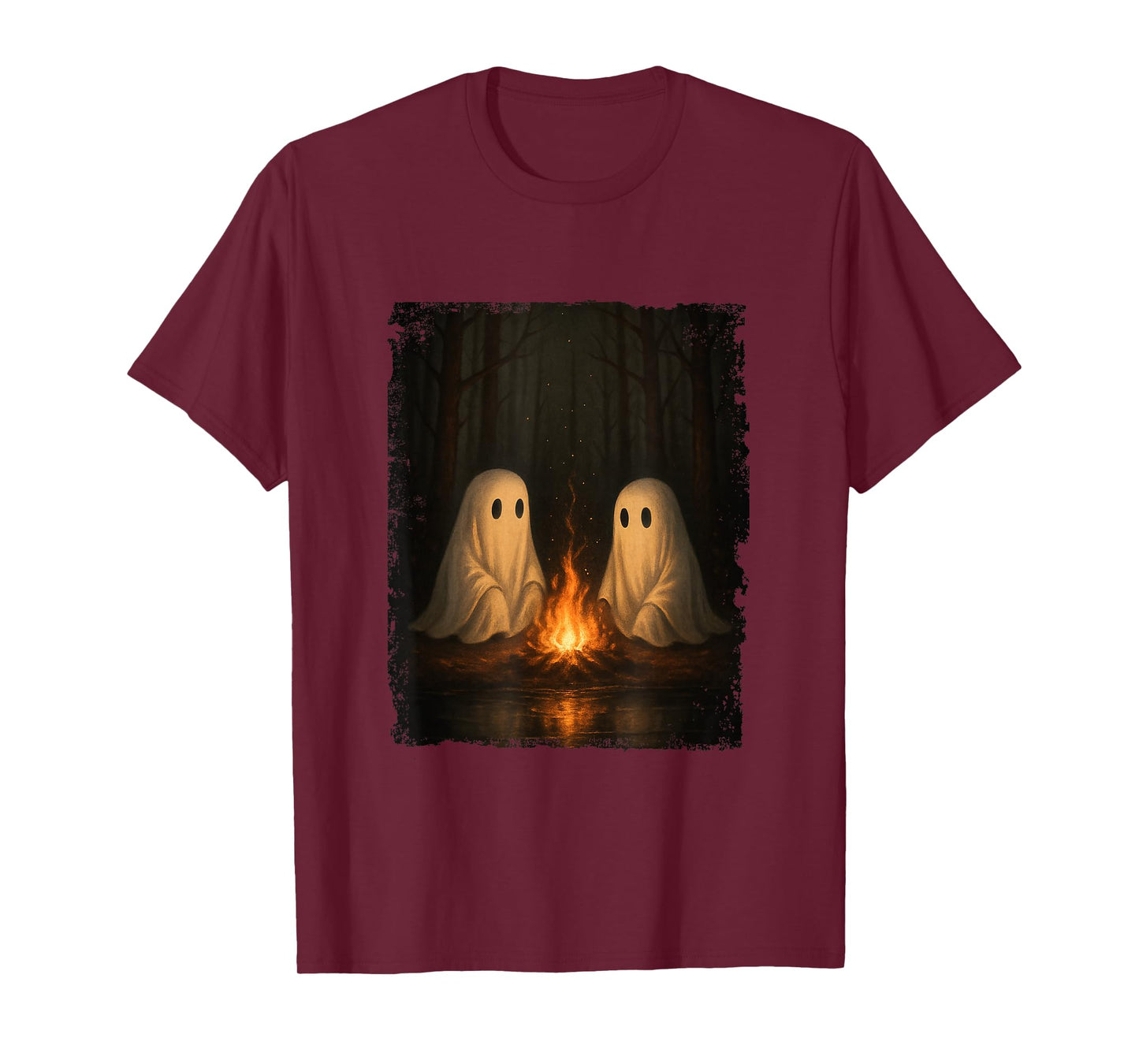 Two Ghosts by Campfire Forest Gothic Halloween Artwork T-Shirt