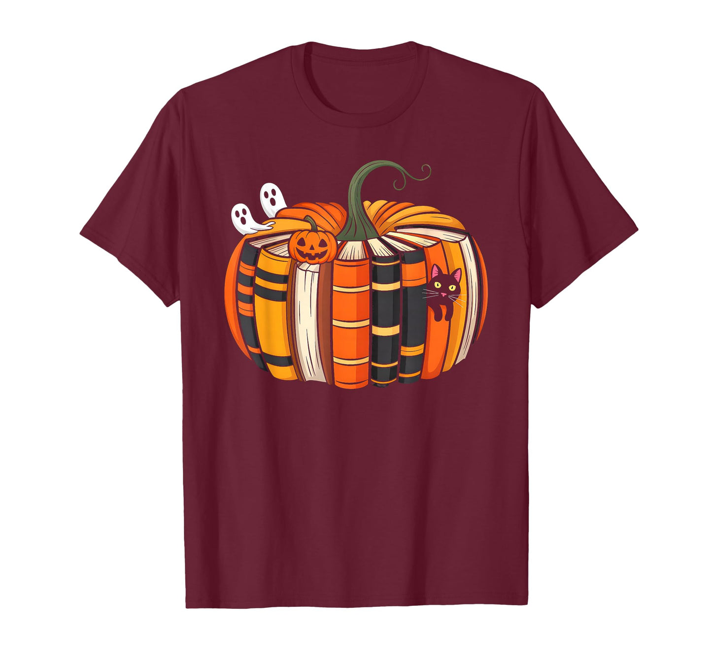 Fall Book Pumpkin Autumn Ghost Black Cat Halloween Teacher T-Shirt