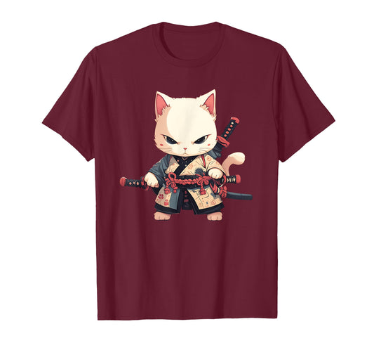 Japanese Samurai Cat Kawaii Ninja Cat Neko Men Women Girls Kids T-Shirt
