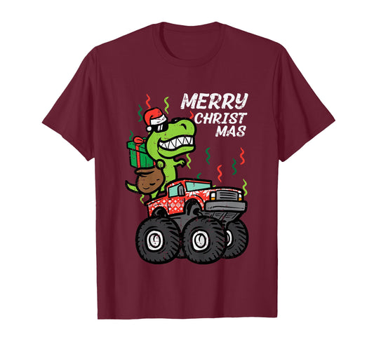 Kids Merry Christmas Dino Monster Truck Xmas Trex Toddler Boys T-Shirt