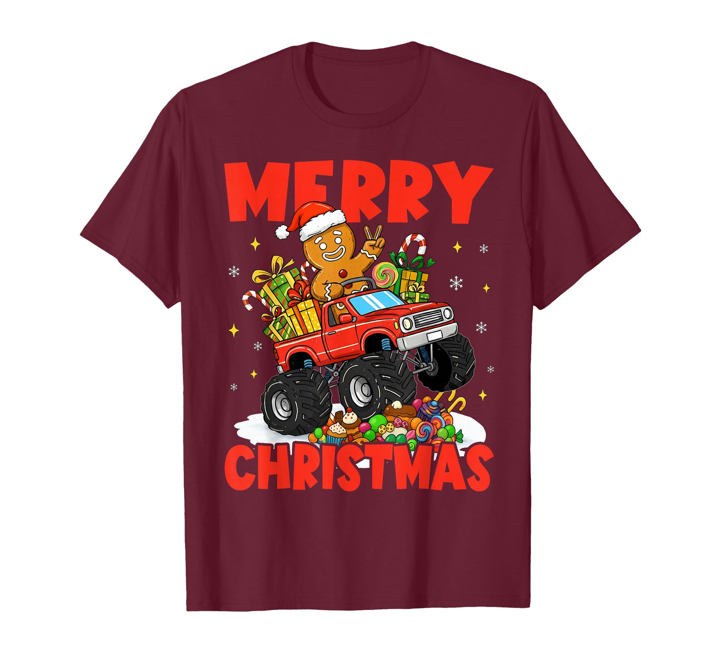 Merry Christmas Monster Truck Funny Gingerbread Men Kid Boys T-Shirt