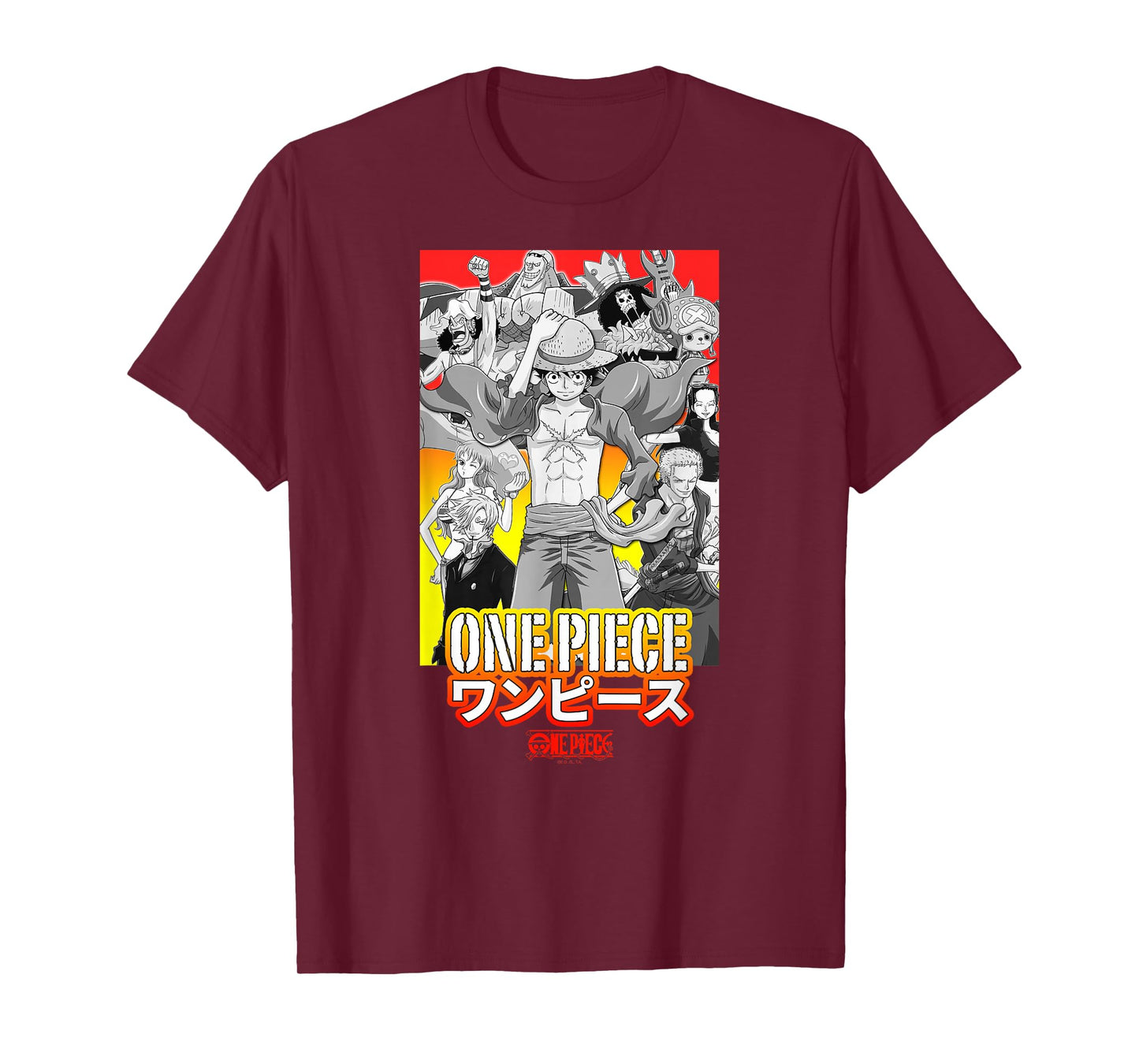 One Piece Anime Character Collage with Stencil Logo T-Shirt