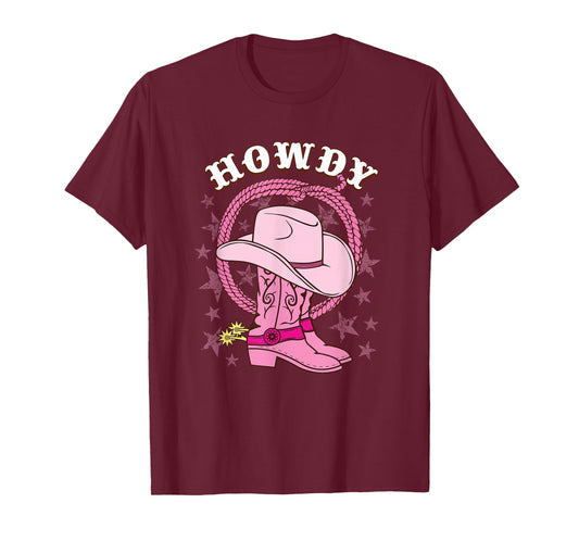 Howdy Pink Cowboy Hat Boots Country Western Rodeo for Women T-Shirt