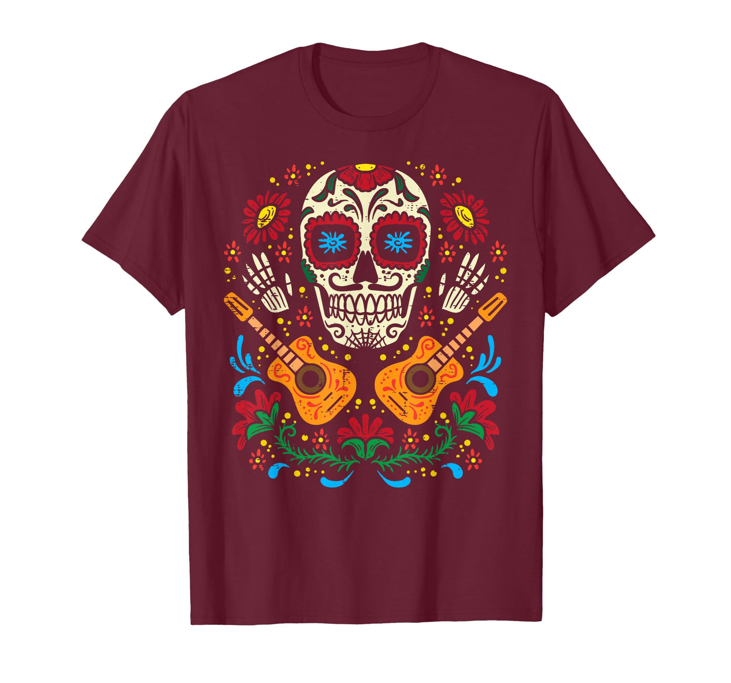 Sugar Skull Flowers Guitar Dia De Muertos Mexican Halloween T-Shirt