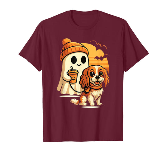 Funny Ghost Walking Cavalier King Charles Dog Halloween T-Shirt