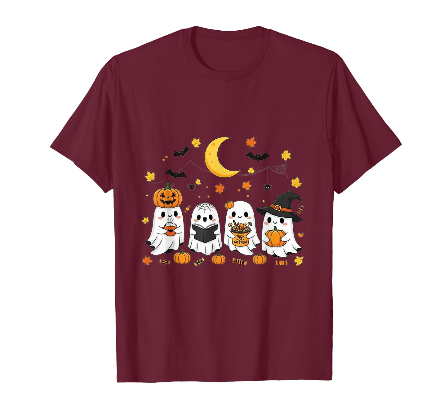Cute Ghost Drinking Coffee Halloween Fall Ghost Book Reading T-Shirt