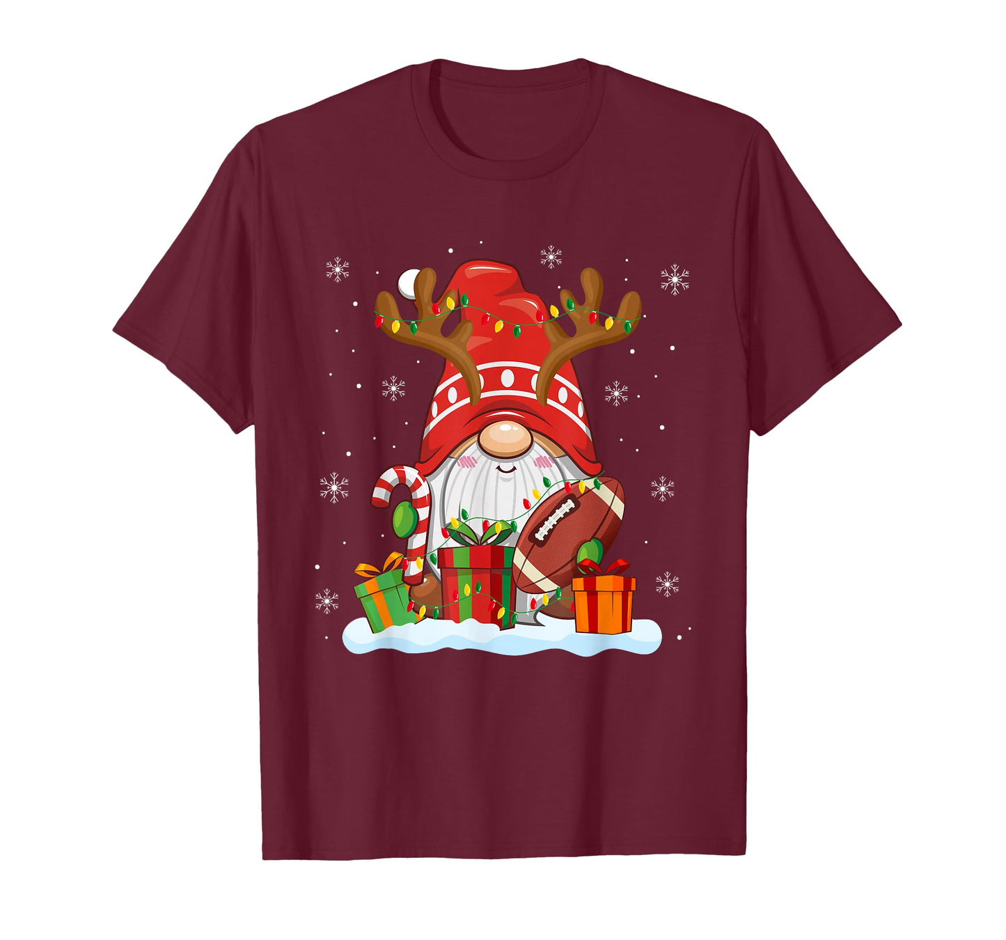 Funny Reindeer Gnome Football Player Christmas Lights T-Shirt