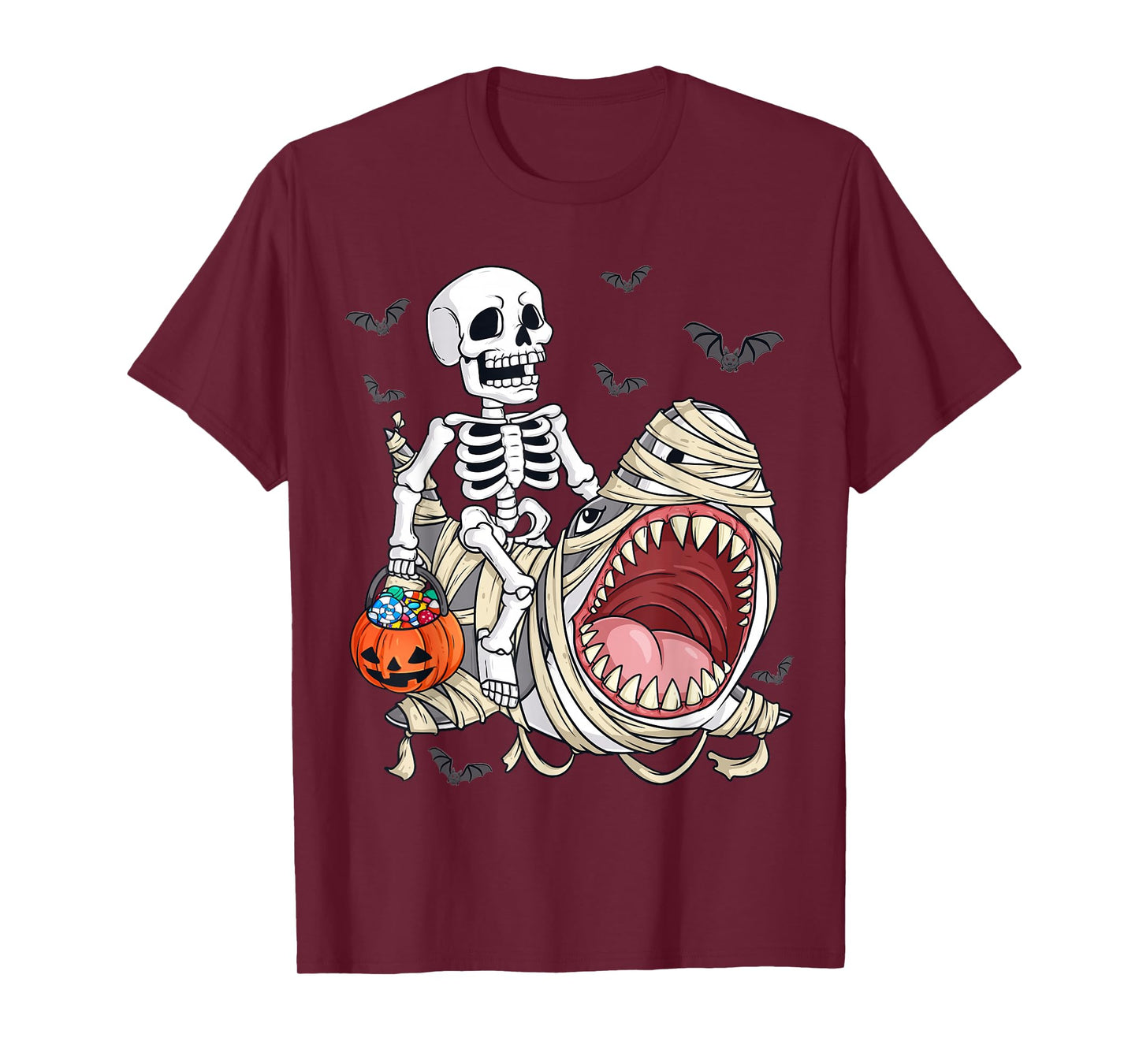 Skeleton Riding Mummy Shark Funny Halloween Pumpkin Kids T-Shirt
