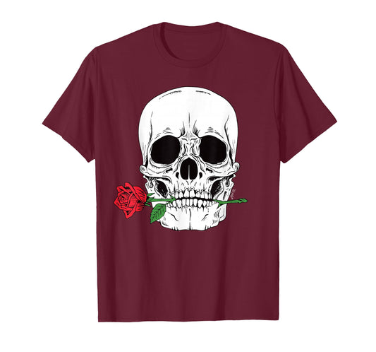 Skull Head Face Red Rose Rock n Roll Cool Skeleton T-Shirt