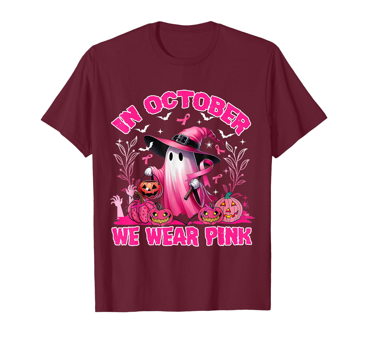 In October We Wear Pink Ghost Witch Breast Cancer Awareness T-Shirt