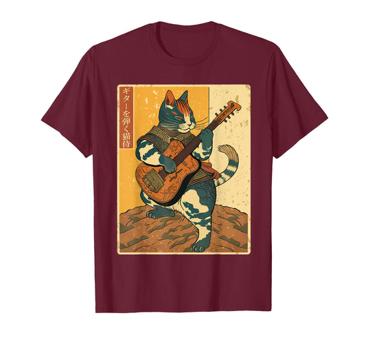 Japanese Samurai Cat Playing The Electric Guitar Men Women T-Shirt