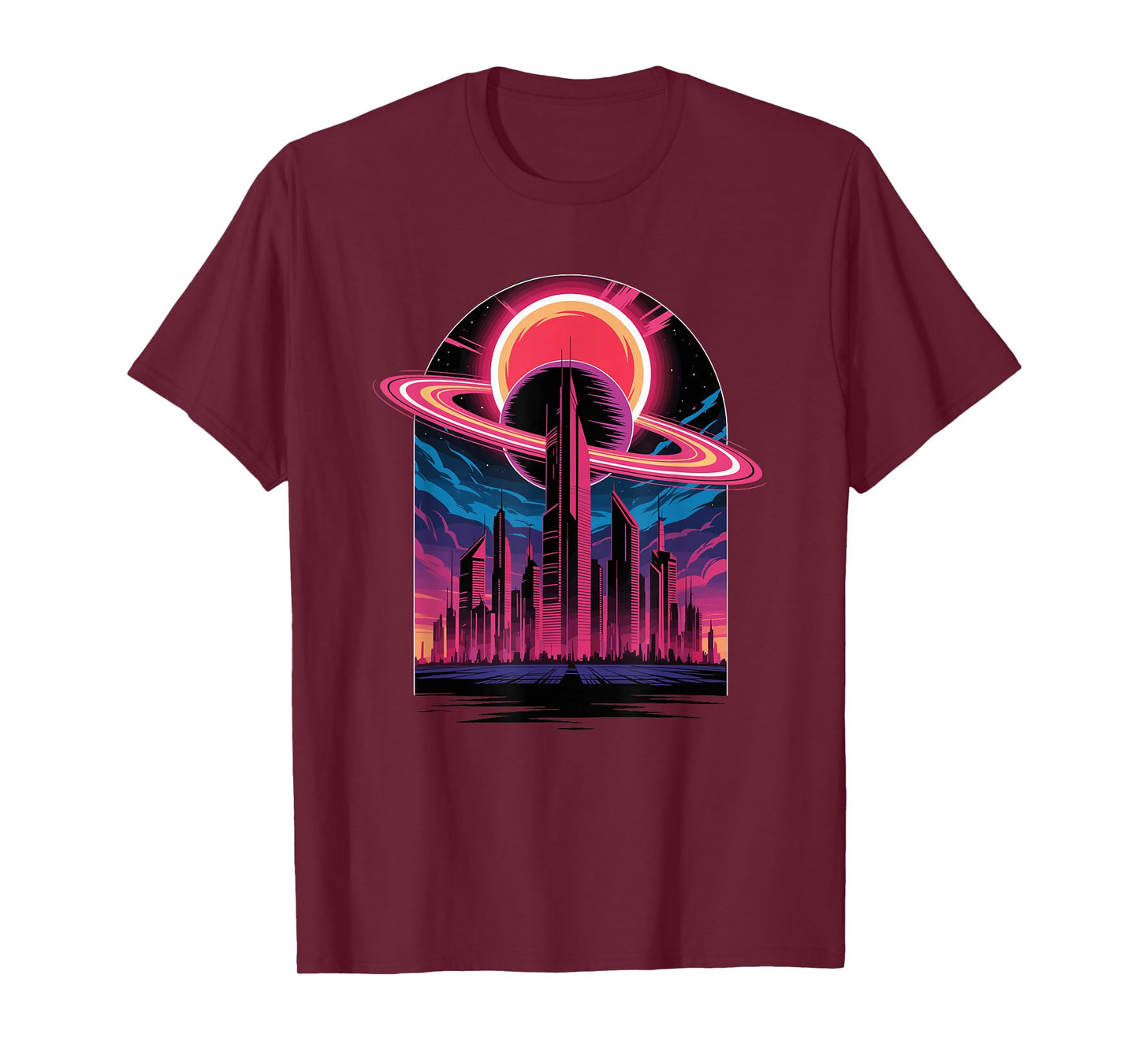 Retro Futuristic Cityscape with Planet and Ring Eclipse T-Shirt