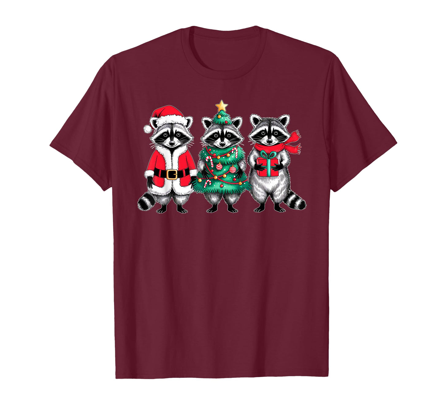 Raccoon Christmas Tree Light Santa Hat Xmas Family Men Women T-Shirt