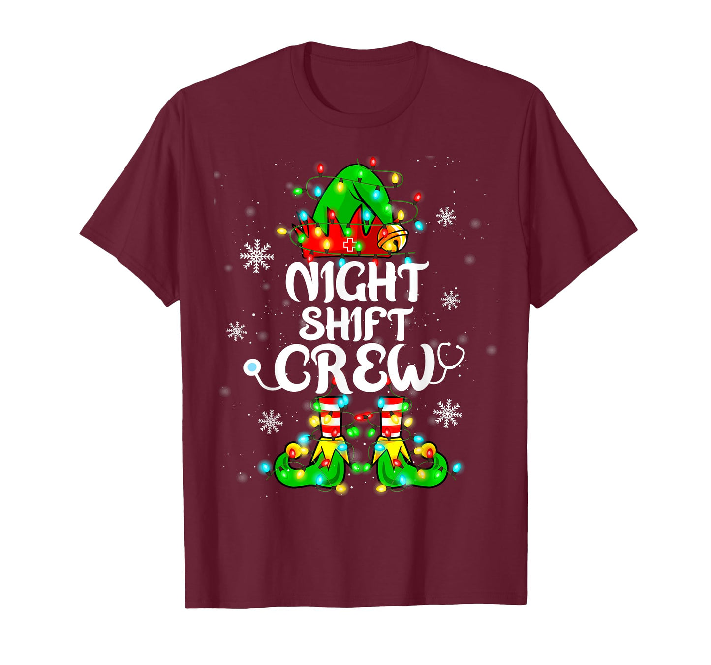Night Shift Crew Funny Nurse Elf Chrsitmas Lights Cute Xmas T-Shirt
