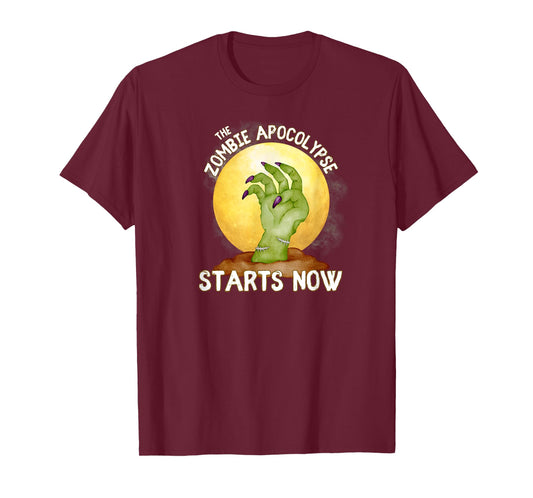 The Zombie Apocalypse Starts Now Zombie Hand Full Moon Grave T-Shirt