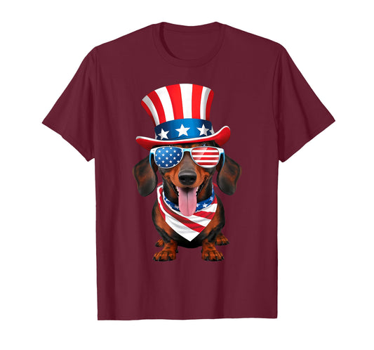 Dachshund Dog American Flag Glasses Hat 4th of July T-Shirt