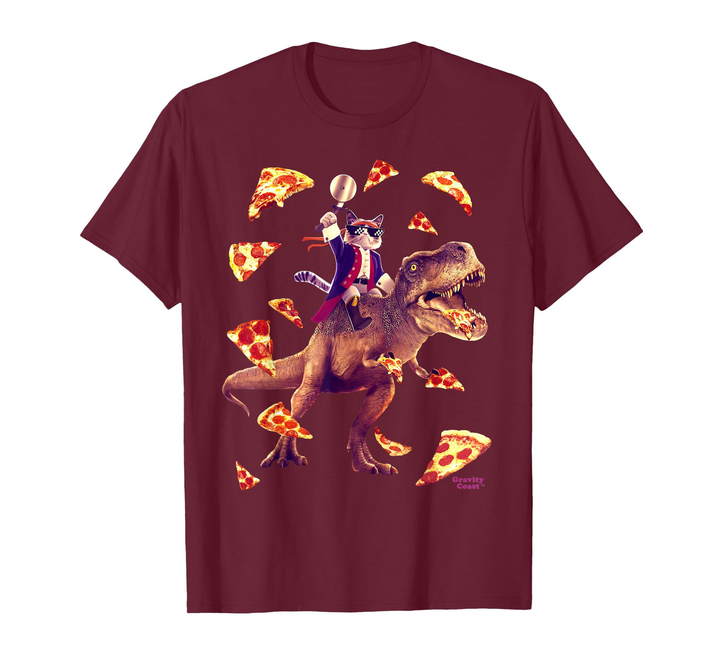Samurai Cat Riding T Rex Eating Pizza Funny Dino for Kids T-Shirt