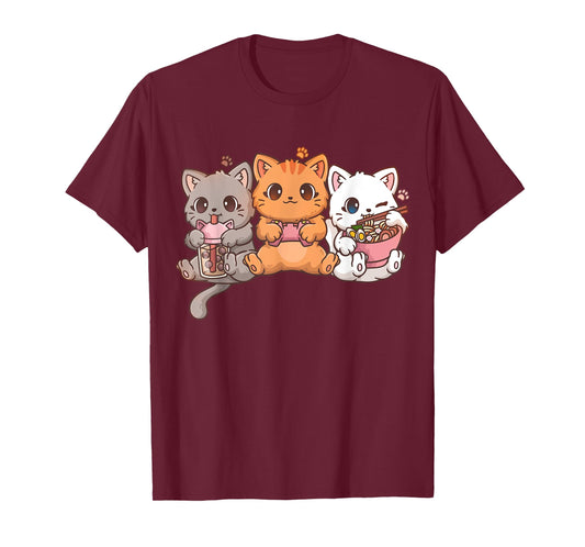 Kawaii Gamer Gaming Cat Boba Cat Bubble Tea Ramen Cats T-Shirt