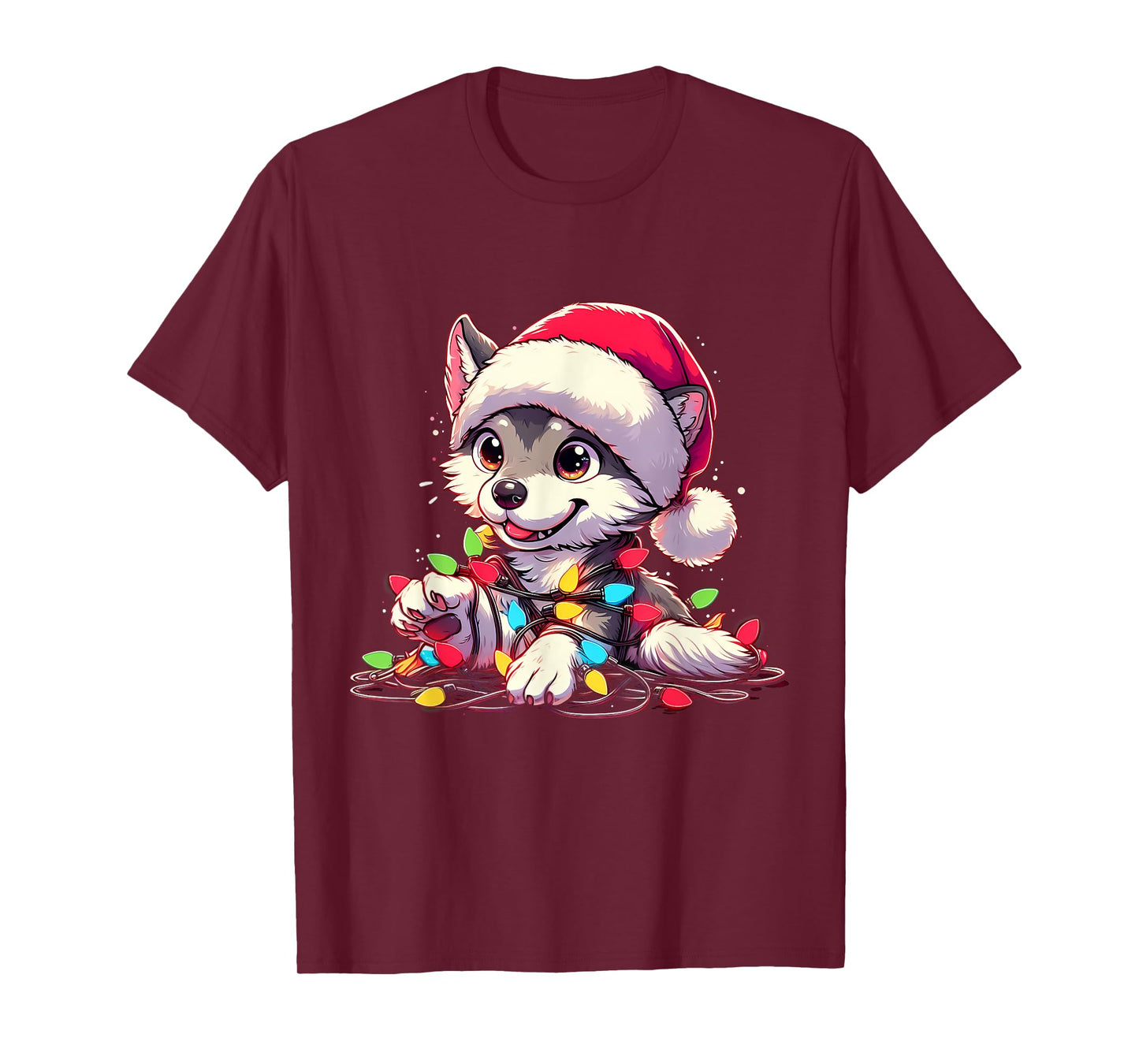 Merry Wolfmas Christmas Lights Cute Wolf Santa Hat T-Shirt