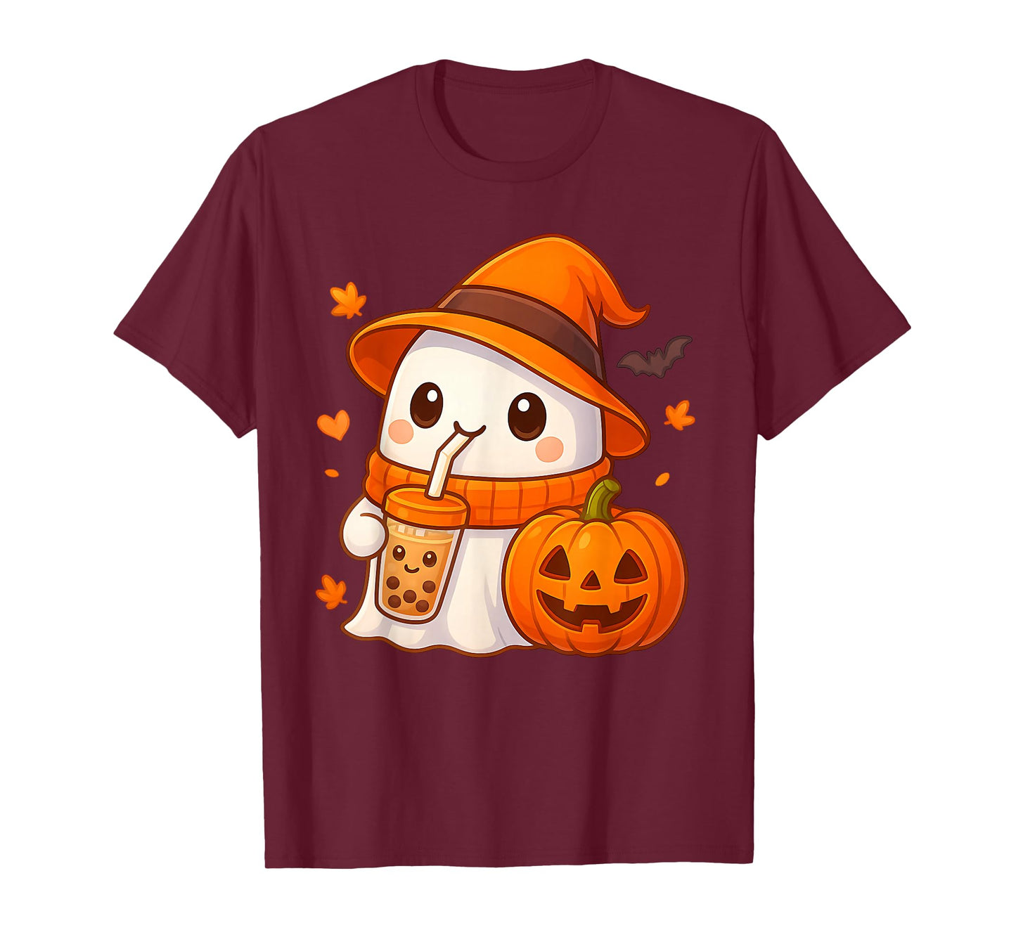 Kawaii Ghost Drinking Pumpkin Boba Tea Cute Ghost Halloween T-Shirt