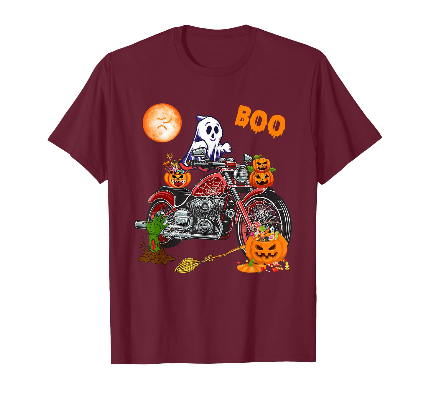 Boo Ghost Riding Motorcycle Horror Candy Bag Carved Pumpkin T-Shirt