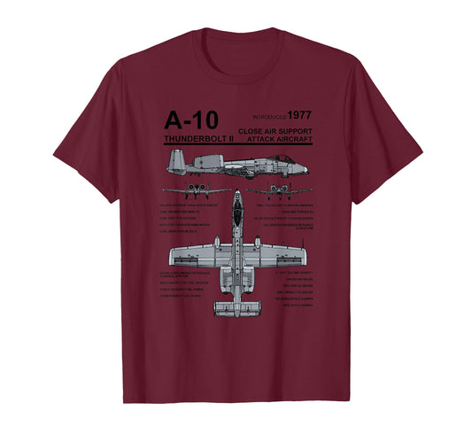 A-10 Thunderbolt II Warthog Military Jet Spec Diagram T-Shirt