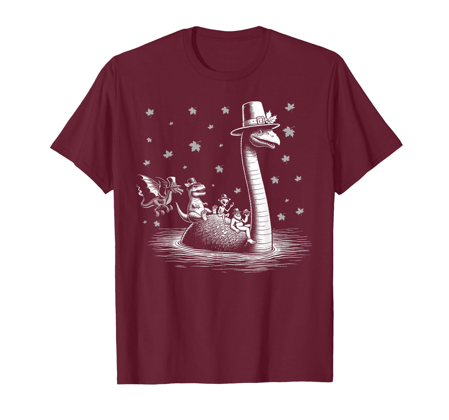 Thanksgiving Bigfoot alien riding loch Ness monster fall T-Shirt