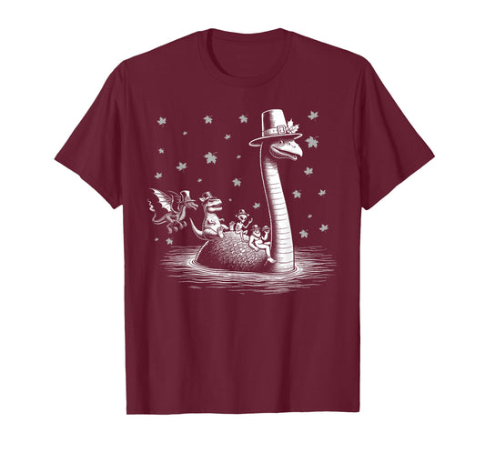 Thanksgiving Bigfoot alien riding loch Ness monster fall T-Shirt