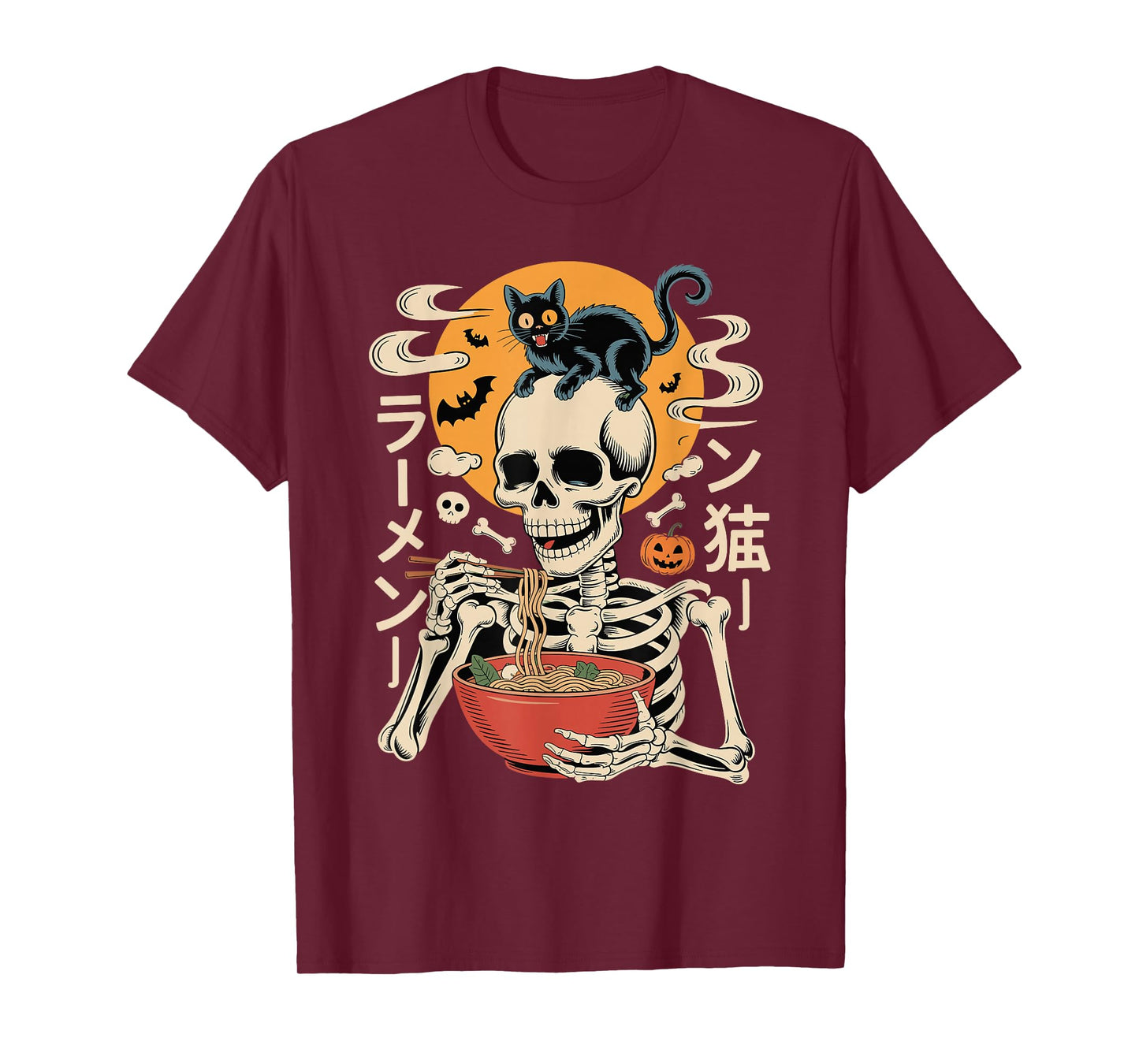 Spooky Skeleton Eating Ramen Bowl with Cat Halloween Art T-Shirt