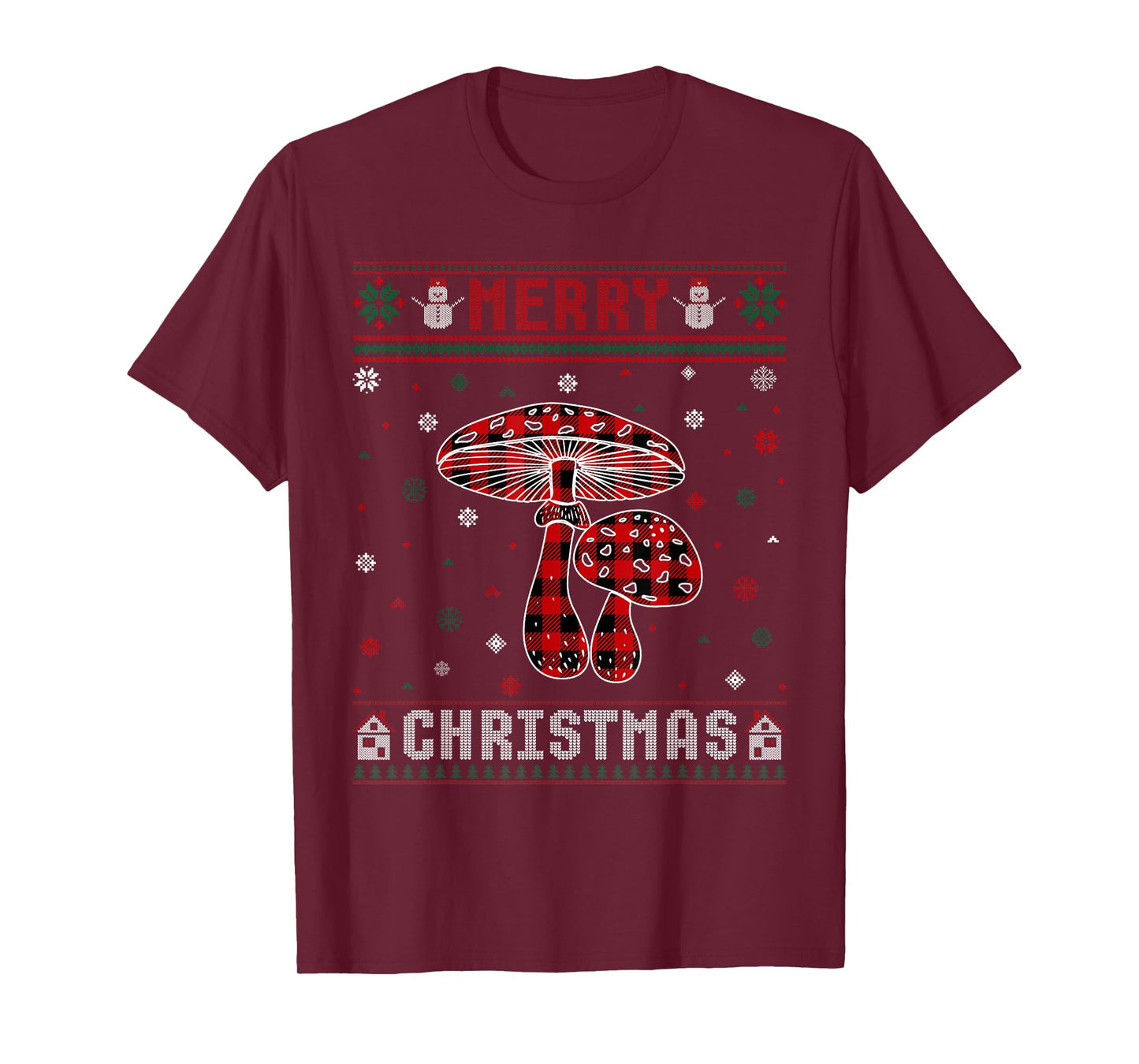 Ugly Christmas Sweater Mushroom Buffalo Plaid Red Xmas T-Shirt
